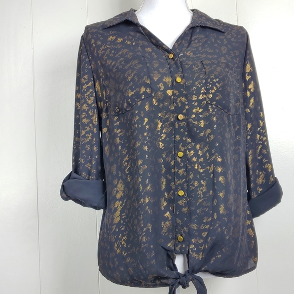 NY Collection tie front gold shimmer button front petite medium - Picture 7 of 10